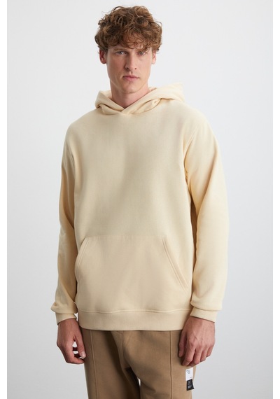 Grımelange Cartmel  Erkek Örme 3 Iplik Relaxed Fit Rahat Kalıp Kanguru Cepli Kapüşonlu Bej Sweatshirt