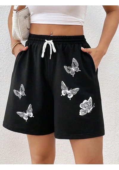 Butterfly Print Drawstring Waist Şort Siyah