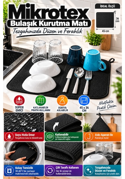 Siyah Bez Mikrotex Bulaşık Kurutma Matı 45x36 Cm Süper Emici Katlanabilir Tezgah Üstü Kurutma Mat