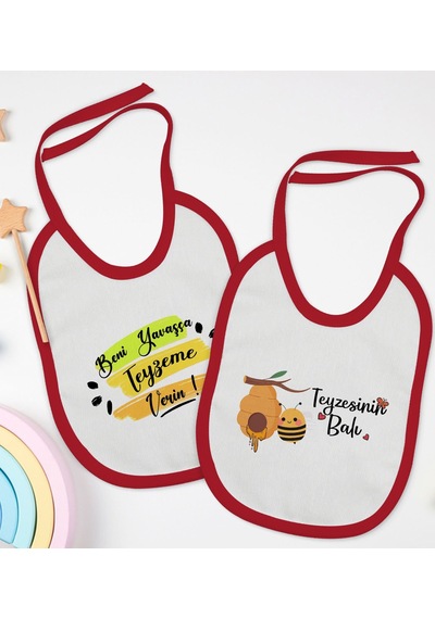 BK Kids Teyze Tasarımlı 2’li Kırmızı Mama Önlüğü-2 Kırmızı