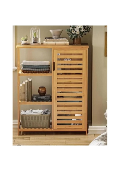 Bambu Çok Amaçlı Düzenleyici Dolap / Banyo Dolabı, Ayakkabılık, 3 Raflı 1 Kapaklı, 66 X 87 X 33 Bej