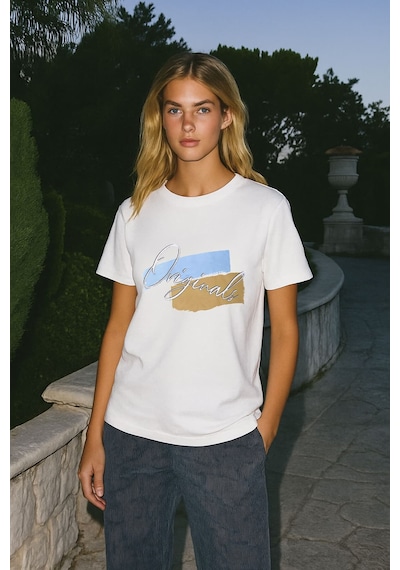Markapia Woman Kadın %100 Pamuk Bisiklet Yaka Baskılı T-shirt Beyaz Xl