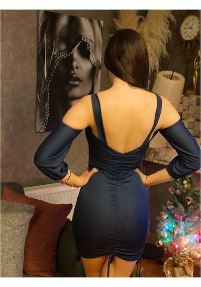 Kayahan Collection Büzgü Detaylı Kollu Kadın Mini Elbise