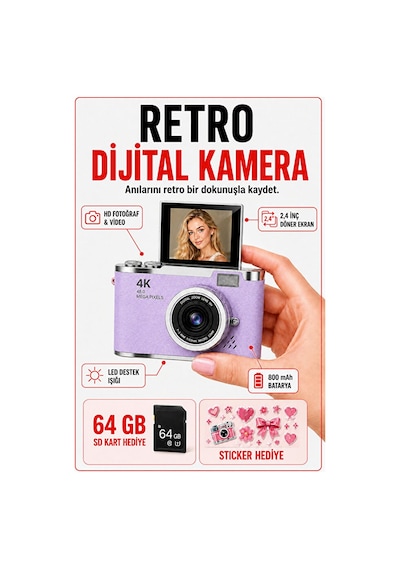 Solvis 4k Dijital Retro Fotoğraf Makinesi 48mp 18x Zoom 180 Dönen Ekran Flaşlı 64gb Sd Kart  Selfie Vlog Kamera Mor