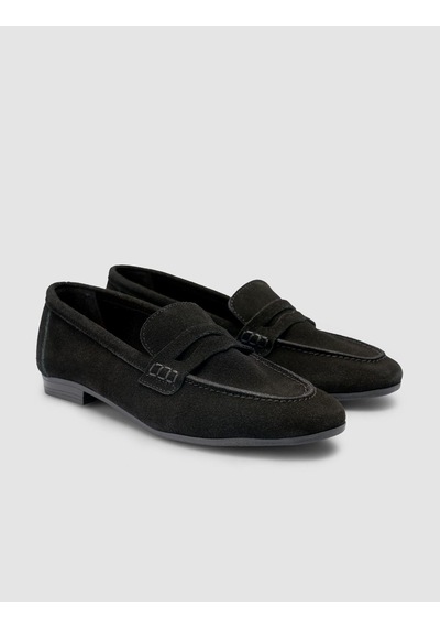 %100 Hakiki Deri Siyah Süet Kadın Loafer Siyah