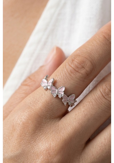 Silver Zirkon Taşlı Pembe Kelebek Çelik Yüzük Çok Renkli