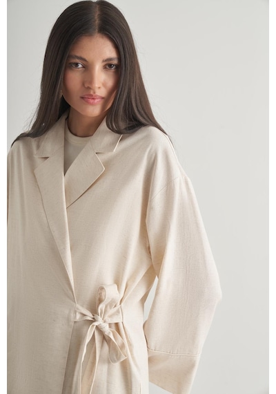 Mizalle Keten Karışımlı Anvelop Bağlı Bej Rengi Kimono Ceket Bej