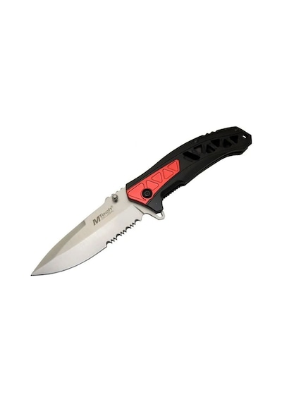 Mtech 4192 Kırmızı Kamp Çakı 21cm - Yarı Otomatik, Kemerlikli, Testere Detaylı, Desenli Sap Çok Renkli