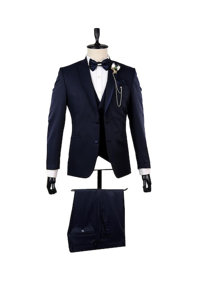 İmza Koyu Lacivert Desenli Mono Yaka Astarlı Yelekli 6 Drop Slim Fit Dar Kesim Smokin Damatlık 1001210100-Lacivert İmza Koyu Lacivert Desenli Mono Yaka Astarlı Yelekli 6 Drop Slim Fit Dar Kesim Smokin Damatlık 1001210100-Lacivert