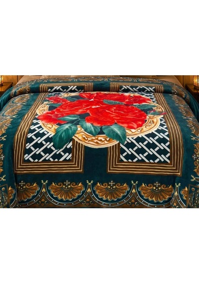 Merinos Kadife Battaniye 220x240 Gülfem Petrol-kırmızı Petrol Mavi