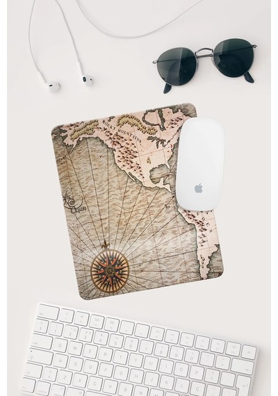 Eski Harita Çizimli Bilek Destekli Dikdörtgen Mouse Pad Mouse Altlığı. Mousepad