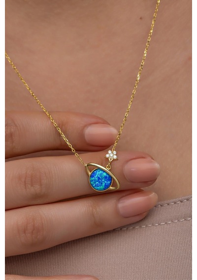 Nereze 925 Ayar Gümüş Gold Kaplama Mavi Opal Taşlı Gezegen Kolye
