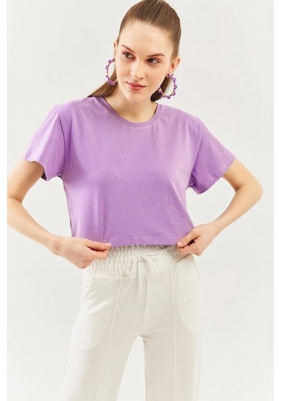 Kadın Rahat %100 Pamuklu Penye Bisiklet Yaka Kısa Kol Basic Crop T-shirt Lila