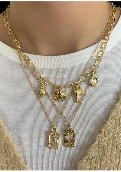 3'lü Gold Charm Deniz Kabuğu Mineli Kaktüslü Kolye Set Altın Altın