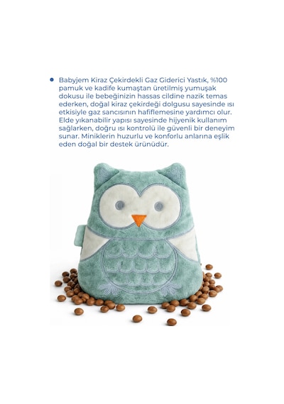Babyjem Kiraz Çekirdekli Baykuş Kadife Rahatlatıcı Gaz Kemeri & Gaz Yastığı - Yeşil
