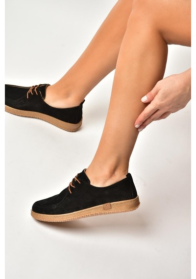 Fox Shoes Y555323002 Siyah Hakiki Deri Süet Günlük Kadın Ayakkabı