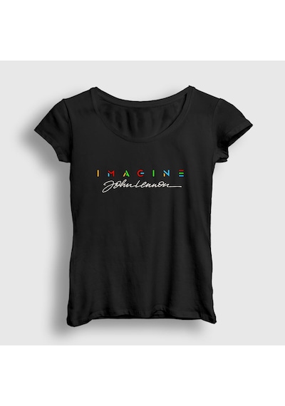 Presmono Kadın Sign Beatles John Lennon T-shirt Siyah