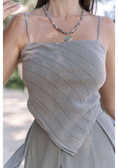 Mai Collection Mai Studios Co. Kita Üçgen Detay Çizgili Vizon Keten Crop Vizon