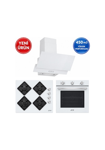 Alveus AFM Serisi Fue-01 Beyaz Cam Turbo + Soğutma 3'Lü Ankastre Set Fırın + Ocak + Davlumbaz