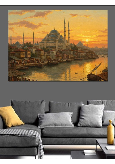 Osmanlı Gün Batımında İstanbul Silueti Dekoratif Kanvas - Mdf Ahşap Tablo