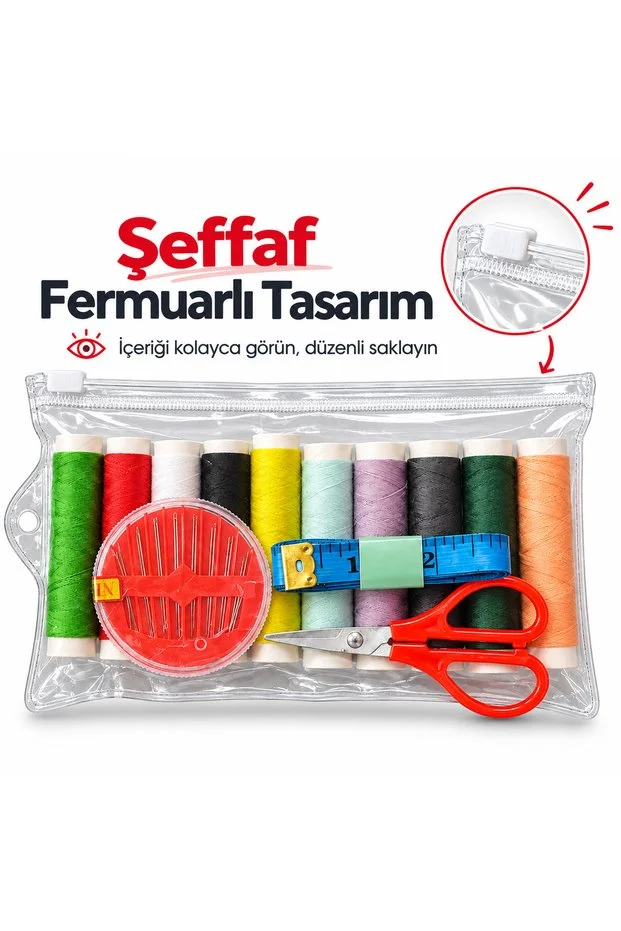Şeffaf Fermuarlı Dikiş Seti 10 Renk İplik İğne Makas Mezura Seyahat Seti