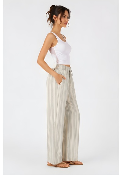Lili Woman Kadın Yüksek Bel Çizgili Keten Karışımlı Relax Fit Pantolon E.kp01 Ekru
