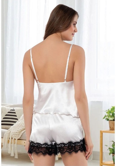Faal 3103 Kadın Saten Degaje Yaka İp Askılı Şortlu Pijama Takım-beyaz Beyaz