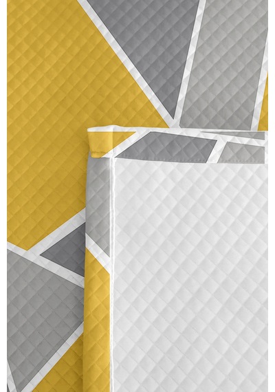 Sarı Geometrik Genç Odası Tek Kişilik Pike Takımı - Gri Modern 160x220 Cm Kapitone Yatak Örtüsü Mumlu Kum Akışı