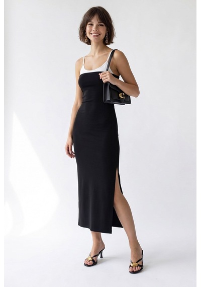 Mixray 2132 Kadın Bodycon Vücudu Saran Askılı Yırtmaçlı Maxi Elbise Siyah