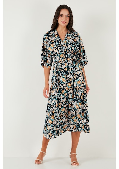 Lela Regular Fit V Yaka Desenli Midi Boy Bayan Elbise 67810573 Lacivert