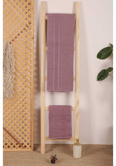2 Parça Banyo Havlu Takımı %100 Pamuklu Çubuk Desen Mor Diğer