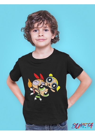 Bumeta Powerpuff Girls Buttercup Bubbles Blossom Çocuk Tişört T-shirt Siyah