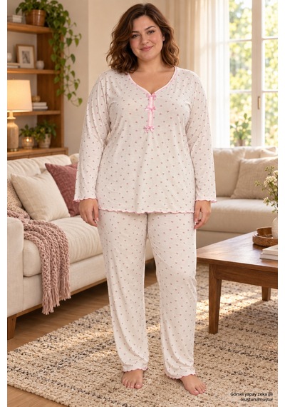 Seboteks Mevsimlik İnce Kumaş Kalp Desenli Uzun Kollu Büyük Beden Kadın Pijama Takımı 3177 Ekru Seboteks Mevsimlik İnce Kumaş Kalp Desenli Uzun Kollu Büyük Beden Kadın Pijama Takımı 3177 Ekru