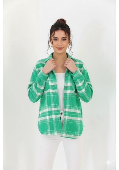 Polologin Butik Yeşil-beyaz Kare Desenli Kaşe Gömlek - Mevsimlik Rahat Kalıp Yeşil
