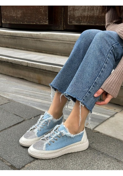 Erva'nın Butiği Kot Keten Jule Taş Bağcıklı Kadın Sneakers-5786