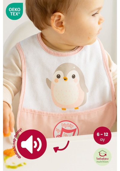 Düdüklü Cepli Sıvama Mama Önlüğü - Minik Penguen Pembe Bebek Önlüğü Açık Pembe