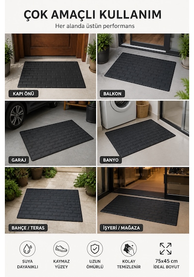 Kapı Önü Paspas 75x45 Cm Kaymaz Tabanlı Yıkanabilir Çok Amaçlı Dış Mekan Paspası siyah