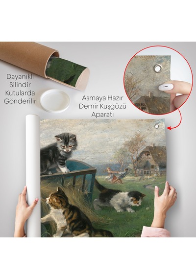 Julius Adam - Çayırda Arabada Oynayan Kedi Yavruları Duvar Örtüsü-7084