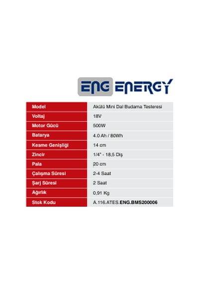 Energy Bms 20006 Akülü Budama Testeresi 18.5 Diş 4.0ah