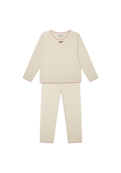 Antebies Organik Gots Sertifikalı Krem Jakar Kumaş, Gül Detaylı, Uzun Kollu Tişört, Bel Lastikli Taytlı Kız Çocuk Pijama Takımı