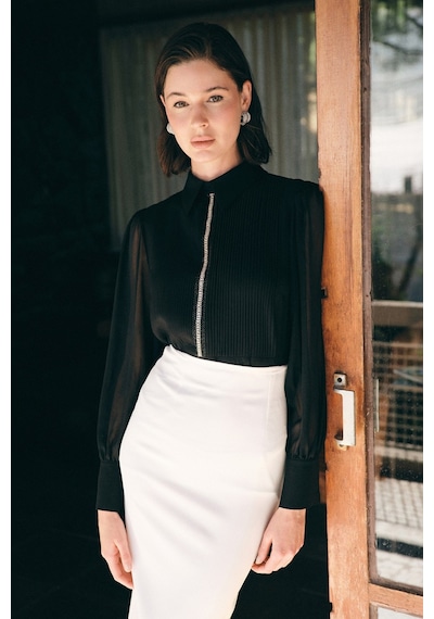 Sateen Nervür Detaylı Bluz - Siyah-136741 Siyah