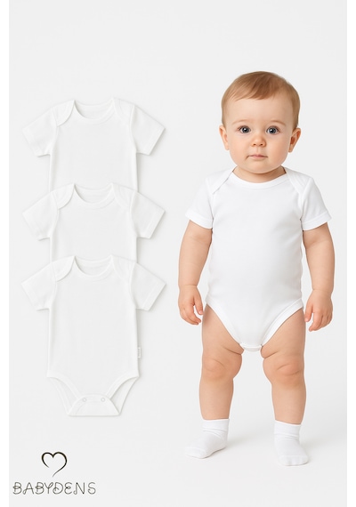 Babyden's 3'lü %100 Pamuklu Beyaz Kısa Kollu Bebek Body Seti 0-3 Ay - 12 Ay Unisex Yazlık Zıbın Beyaz