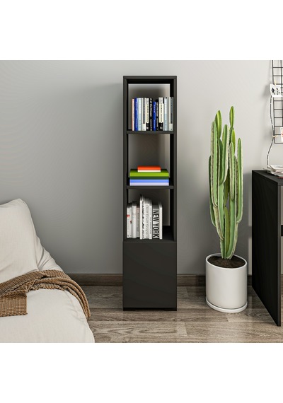Kuzey 4 Raflı, Kapaklı Minimal Beyaz Kitaplık Antrasit