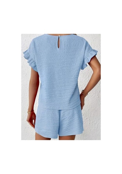 Butik İstanbul Kadın Kısa Kollu Bisiklet Yaka Bürümcük Bluz Ve Kısa Short Ikili Takım Mavi