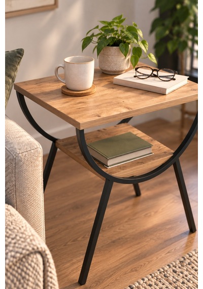Sulorahome Ceviz Desenli Metal Ayaklı Çift Raflı Yan Sehpa Komodin