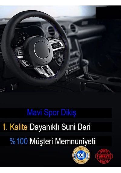 Audi A1 Deri Direksiyon Kılıfı, Mavi Şeritli Spor Dikiş-5215 Çok Renkli