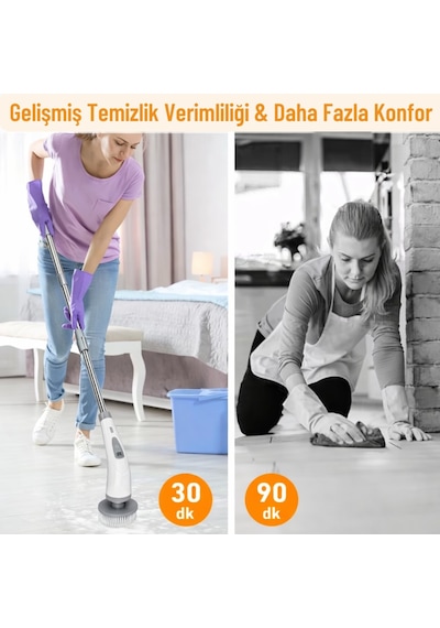 Polham 9in1 Şarjlı Döner Temizlik Fırçası 120 Cm Uzatılabilir Saplı,suya Dayanıklı Çok Amaçlı Temizlik Seti