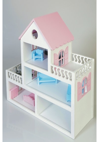 Boyalı Ahşap Barbie Bebek Evi Oyuncak 15 Adet Mobilya Hediyeli
