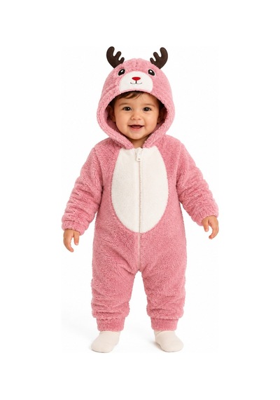 Tatlı Geyik Desenli Welsoft Bebek Tulumu Kapüşonlu Peluş Fermuarlı Kışlık Unisex Bebek Tulumu Gül Kurusu
