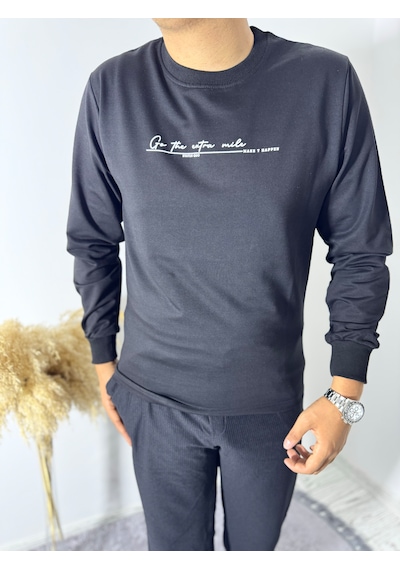 Say-Has Fashion Göğüs Baskılı Bisiklet Yaka Sweatshirt Siyah